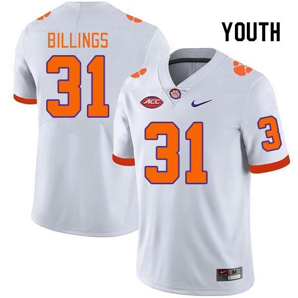 Youth #31 Rob Billings Clemson Tigers College Football Jerseys Stitched Sale-White - Click Image to Close